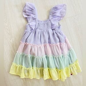 Cheeky Plum Ruffle Dress with Pastel Hues